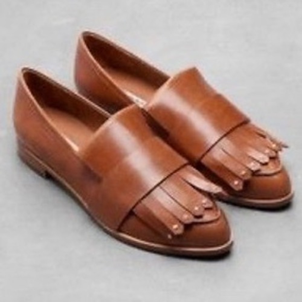 & Other Stories Tan Leather Kiltie Fringe Studded Loafers Size 37